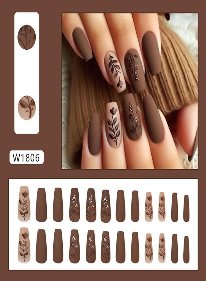 CJDLTS Brown Press on Nails Medium Matte Fake Nails Brown Flower Pattern Design Artificial Nails Solid Color Press Nails Full Cover Ballet Shaped Nails Acrylic Stick on Nails 24Pcs Glue on Nails for Women - Image 2